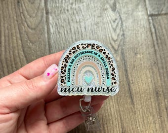 NICU Nurse Teal & Leopard Rainbow Badge Reel | Neonatal Nurse Badge Reel | Gifts For Nurses | Glitter Badge Reel | Acrylic Badge Reel