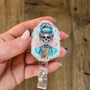 Skeleton Nurse Iced Coffee Badge Reel | Nurse Badge Reel | Gifts For Nurses | Glitter Badge Reel | Healthcare | Funny Badge Reel | RN