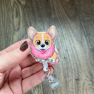 Cute Corgi Dog With A Doughnut Badge Reel | Nurse Badge Reel | Vet Tech Badge Reel | Glitter Badge Reel | Animal Badge Reel | Acrylic Badge
