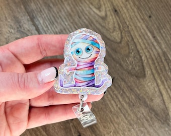 Pastel Mummy Halloween Badge Reel | Nursing | Gift For Nurse | Halloween Badge Reel | Glitter Badge Reel | RN | Acrylic Badge Reel
