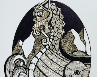 ORIGINAL DRAWING "Viking Longship"