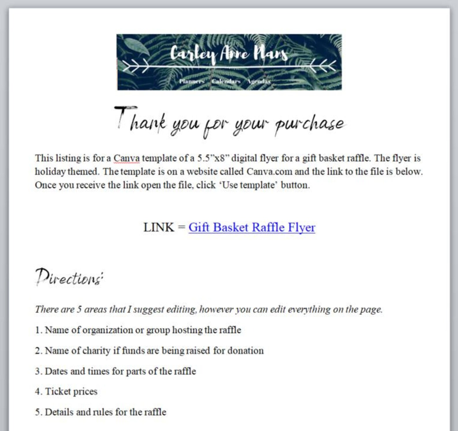 Canva Digital Template for a Gift Basket Raffle 5.5"x8" Etsy