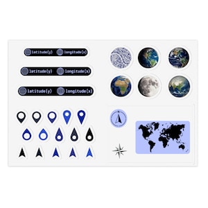 GIS Basics Sticker Sheet - Breitengrad/Längengrad, Nordpfeil - (Blau) 15x10 cm