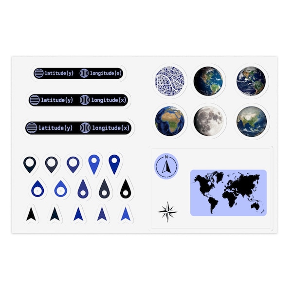 GIS Basics Sticker Sheet - Latitude/Longitude, North Arrow - (Blue) 6x4"