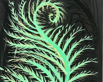 Spiral fern, forest dance, dramatic fern on black watercolor paper