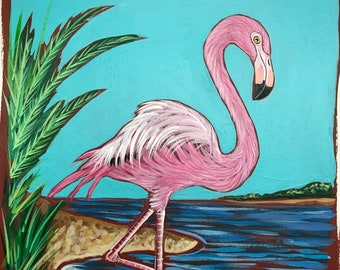 Flamingo acrylic painting on watercolor paper