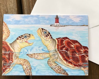 May include: Two sea turtles with brown and red shells swim in blue water with a red and white lighthouse in the background.