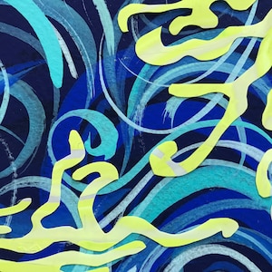 Coral colorido, redemoinhos de água, arte original de mídia mista