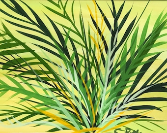 Green and yellow tropical palm, Colorful palm leaves, original acrylic gouache painting
