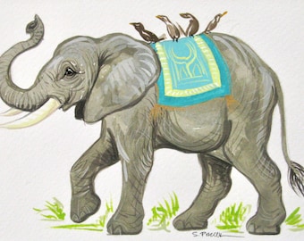 Elephant and avian friends, original gouache painting