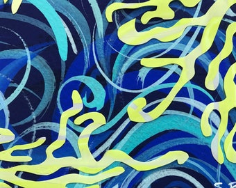 Colorful coral, Whirls of Water, original mixed media artwork