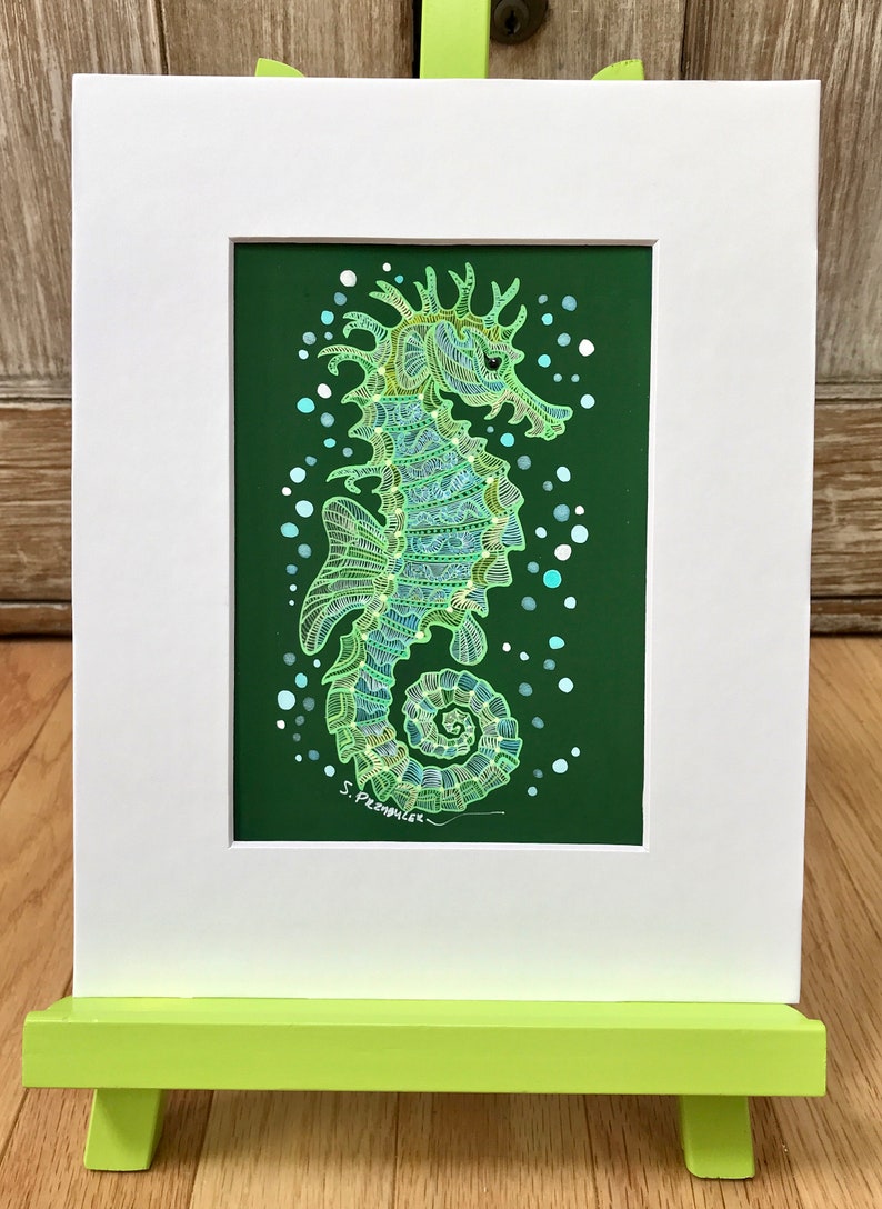 original acrylic gouache painting Seahorse Fantasy in Green