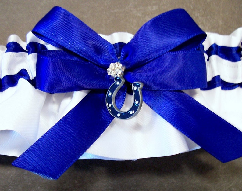 May also be purchased individually Handmade Cobalt Blue /& White Garter Set with an Indianapolis Colts\u00ae Enameled Charm Embellishment #FB20