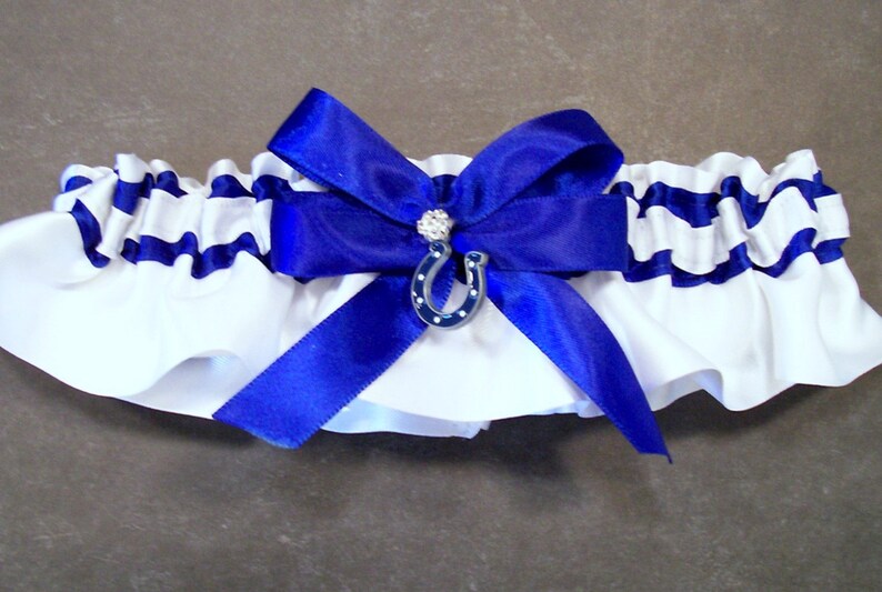 May also be purchased individually Handmade Cobalt Blue /& White Garter Set with an Indianapolis Colts\u00ae Enameled Charm Embellishment #FB20