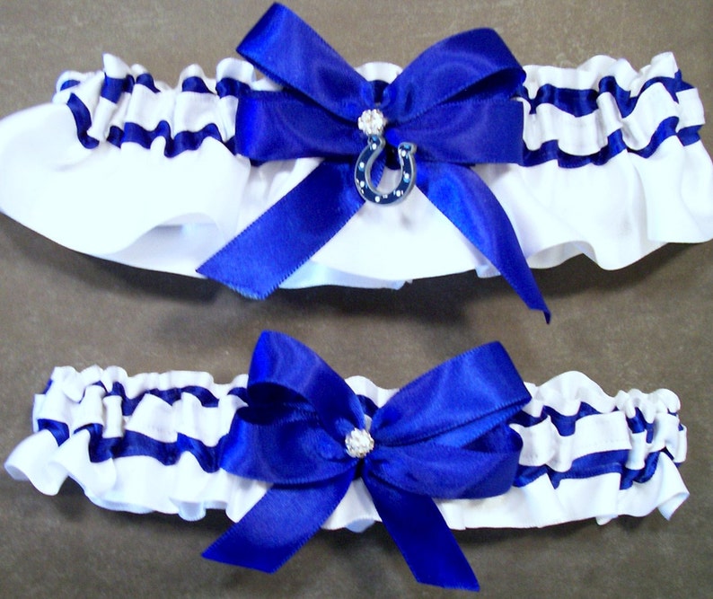 May also be purchased individually Handmade Cobalt Blue /& White Garter Set with an Indianapolis Colts\u00ae Enameled Charm Embellishment #FB20