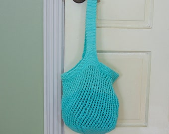 cotton net tote bag, knit tote bag, ready to go, turquoise