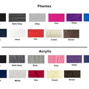 May include: A color chart showing yarn colors for two different types of yarn: Phentex and Acrylic. The chart shows 12 colors for each type of yarn: black, dark grey, grey, pink, violet, blue, navy, white, red, cream, and brown.