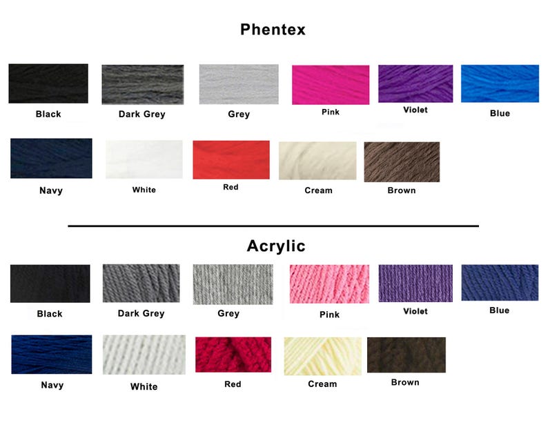 May include: A color chart showing yarn colors for two different types of yarn: Phentex and Acrylic. The chart shows 12 colors for each type of yarn: black, dark grey, grey, pink, violet, blue, navy, white, red, cream, and brown.