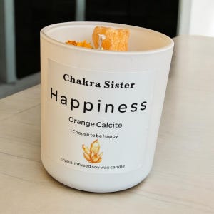Happiness Candle with Orange Calcite Crystals | Uplifting Soy Candle | Joyful Scented Candle for Positivity & Good Vibes
