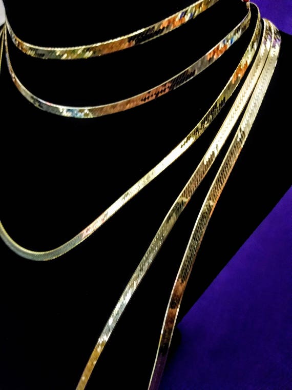 14K Gold Thin & Wide Herringbone Bracelets and Cha