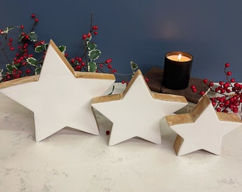 Wood and ceramic style standing star ornament Christmas chunky standing star sculpture 3 sizes