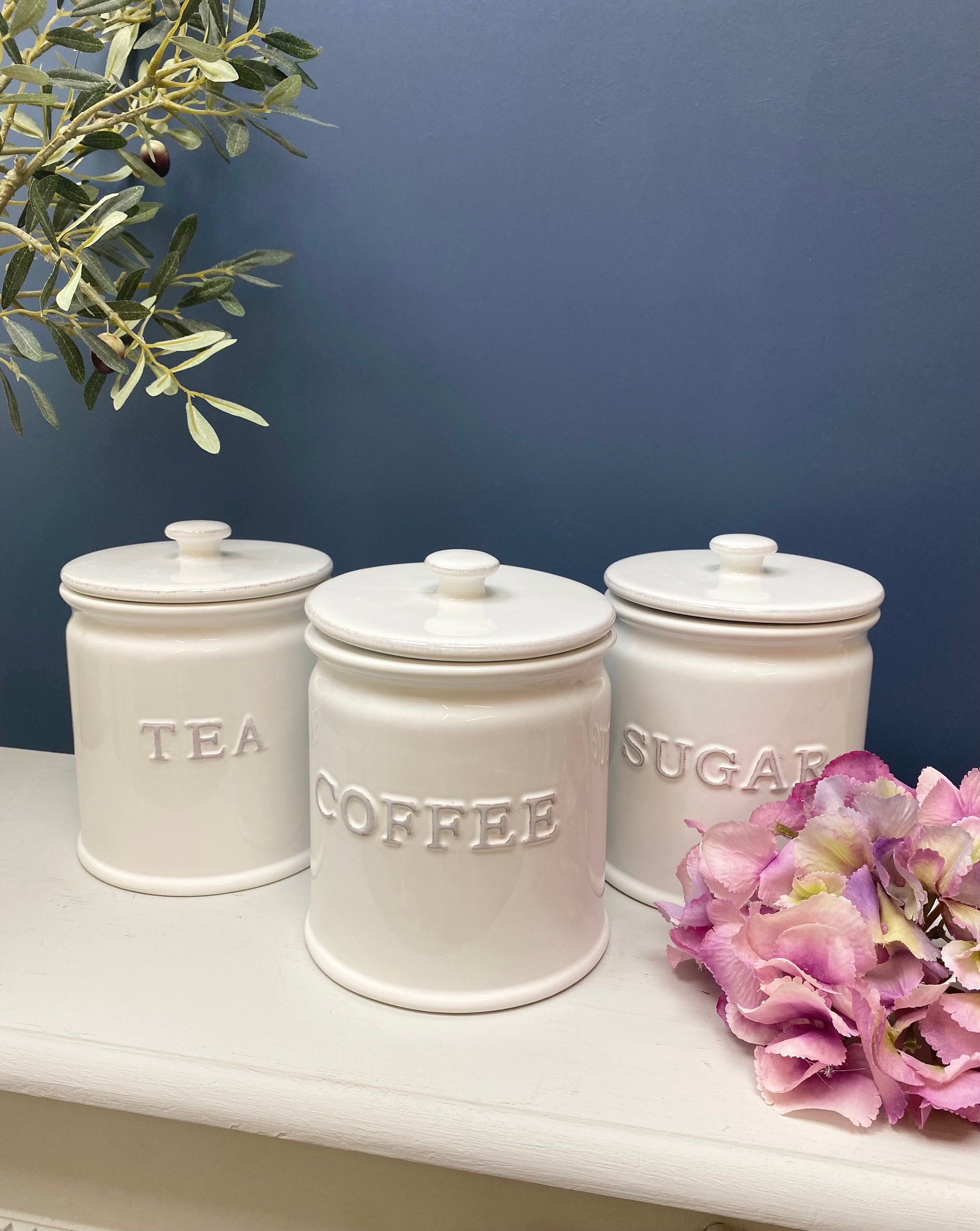 Ceramic White Tea Coffee Sugar Set Unique Kitchen Jars Etsy