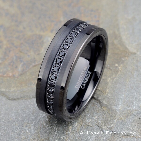Black Tungsten Ring Mens Tungsten Wedding Band Black CZ Eternity Ring Brushed Polished Mens Ring 8mm Free Laser Engraving Eternity ring