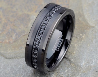 Black Tungsten Ring Mens Tungsten Wedding Band Black CZ Eternity Ring Brushed Polished Mens Ring 8mm Free Laser Engraving Eternity ring