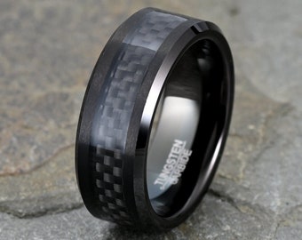 Tungsten Wedding Band, Black Carbon Fiber Ring, Mens Wedding Ring, 8mm Tungsten Ring