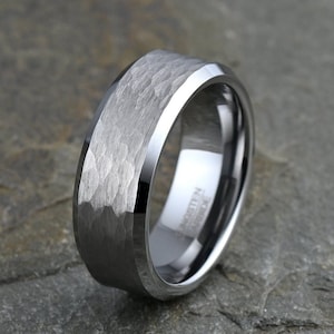 Tungsten Ring, Mens Wedding Band, Brushed Wedding Band, Hammered Mens Ring, 8mm Tungsten Rings, Gray Tungsten Ring, Free Laser Engraving