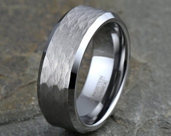 Tungsten Ring, Mens Wedding Band, Brushed Wedding Band, Hammered Mens Ring, 8mm Tungsten Rings, Gray Tungsten Ring, Free Laser Engraving