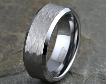 Hammered Tungsten Ring: Brushed Gray Mens Wedding Band, 8mm, Free Engraving