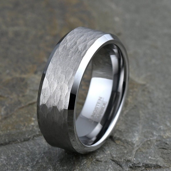 Tungsten Ring, Mens Wedding Band, Brushed Wedding Band, Hammered Mens Ring, 8mm Tungsten Rings, Gray Tungsten Ring, Free Laser Engraving