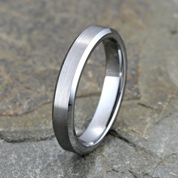 Minimalist Gray Tungsten Ring | Men's Wedding Band | Brushed Finish with Polished Beveled Edges | 6mm | Comfort Fit | Free Personalization