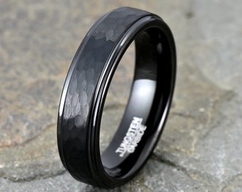 Tungsten Ring, Mens Wedding Band, Black Tungsten Ring, Hammered Mens Ring, Free Custom Engraving, 6mm Ring