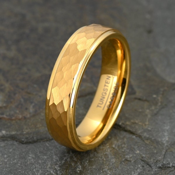 Tungsten Ring, Gold Wedding Band, Hammered Ring 6mm, Wedding Ring, Ring for Women, Ring for Men