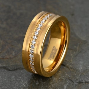 Yellow Gold Tungsten Wedding Band: Cubic Zirconia Eternity Ring