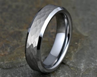 Chic 6mm Gray Tungsten Ring | Brushed Hammered Finish with Polished Beveled Edges | Unisex Wedding Band | Free Personalization