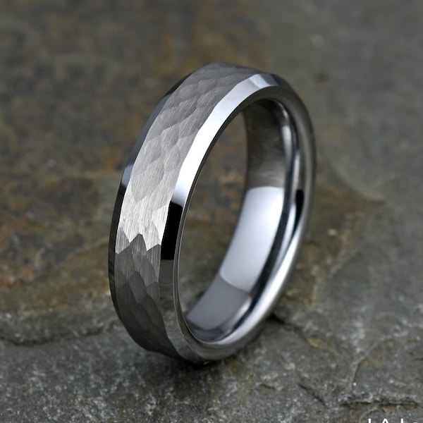 Chic 6mm Gray Tungsten Ring | Brushed Hammered Finish with Polished Beveled Edges | Unisex Wedding Band | Free Personalization