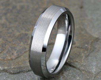 Brushed Tungsten Wedding Band: Gray Ring with Beveled Edge