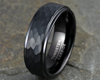 Mens Tungsten Ring, Black Tungsten Wedding Ring Band Brushed Hammered 8mm