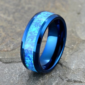 Blue Opal Tungsten Ring for Him | Stylish Mens Wedding Band Free Custom Engraving