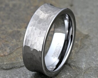 Hammered Tungsten Ring: Concave Comfort Fit Mens Wedding Band