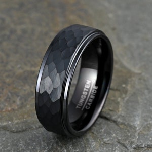 Mens Tungsten Ring, Black Tungsten Wedding Ring Band Brushed Hammered 8mm