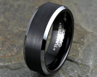 Brushed Tungsten Wedding Band, Mens Tungsten Ring Black Brushed 8mm
