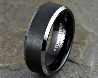 Brushed Black Tungsten Wedding Band: Personalized Mens Ring