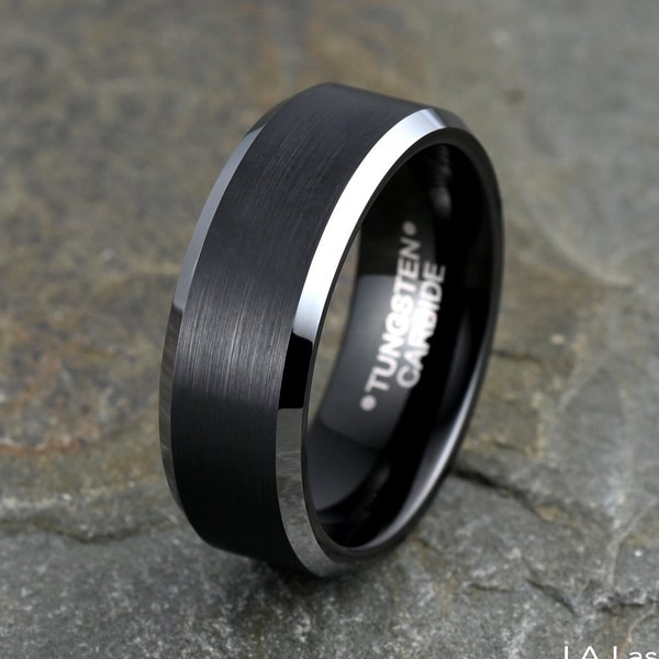 Brushed Black Tungsten Wedding Band: Personalized Mens Ring