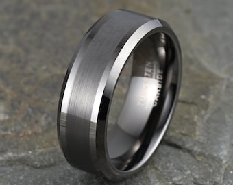 Gunmetal Tungsten Ring: Brushed Black Wedding Band, Beveled Edge