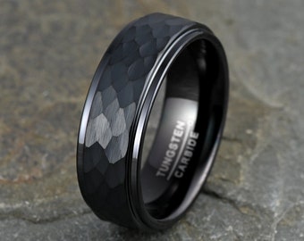 Mens Tungsten Ring, Black Tungsten Wedding Ring Band Brushed Hammered 8mm