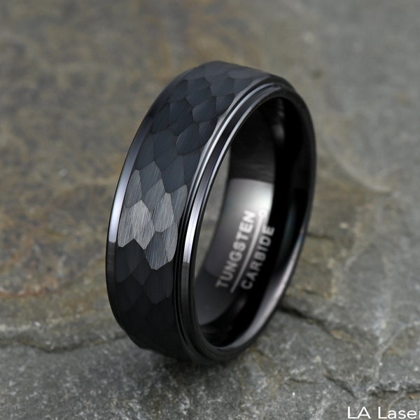 Mens Tungsten Ring, Black Tungsten Wedding Ring Band Brushed Hammered 8mm